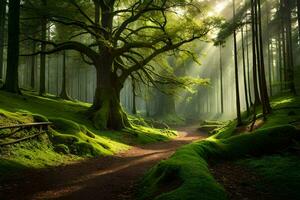 a path through a green forest with sunbeams shining down. AI-Generated photo