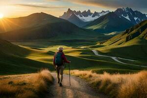 un hombre con mochila y emigrar polos caminando en un suciedad la carretera en el montañas. generado por ai foto