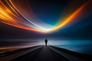 a man standing on a road at night with a long streak of light. AI-Generated photo