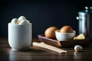 eggs in a cup on a table. AI-Generated photo