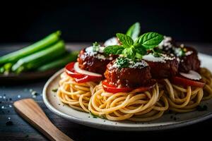 spaghetti with meatballs and tomatoes on a plate. AI-Generated photo