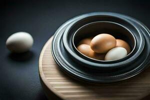 un cuenco de huevos en un mesa. generado por ai foto