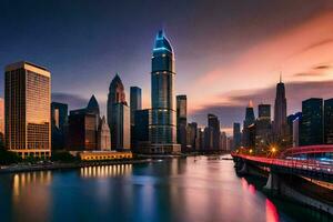 the chicago skyline at sunset. AI-Generated photo
