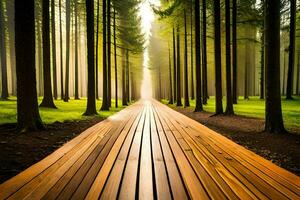 a long wooden path in the middle of a forest. AI-Generated photo