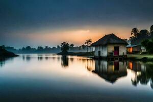 a small hut sits on the edge of a lake at sunset. AI-Generated photo