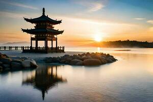 a pagoda stands on the shore of a lake at sunset. AI-Generated photo
