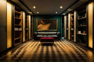 the room has a checkered floor and black walls. AI-Generated photo