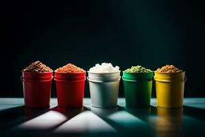 a row of colorful plastic containers with different types of food. AI-Generated photo