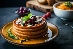 a stack of pancakes on a plate with berries and cheese. AI-Generated photo