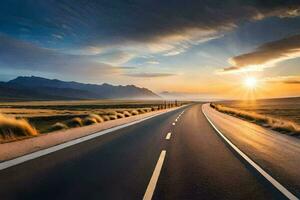 un largo vacío la carretera con el Dom ajuste en el distancia. generado por ai foto