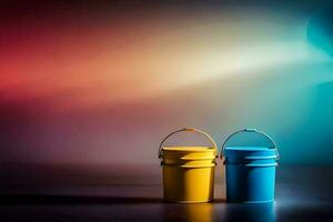 two colorful buckets sit on a table in front of a colorful background. AI-Generated photo