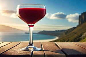 un vaso de rojo vino en un de madera mesa. generado por ai foto