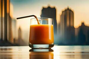 naranja jugo en vaso con paisaje urbano en antecedentes. generado por ai foto