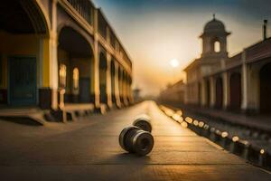 a skateboard is sitting on the sidewalk in front of a building. AI-Generated photo