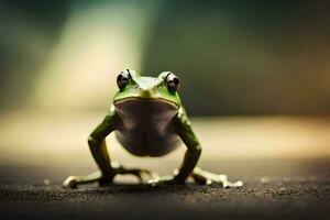 a frog is standing on the ground with its eyes closed. AI-Generated photo