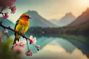 a bird sits on a branch near a lake and mountains. AI-Generated photo