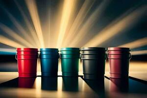 five colorful buckets on a table. AI-Generated photo