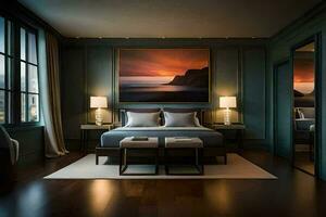 a bedroom with a large painting on the wall. AI-Generated photo