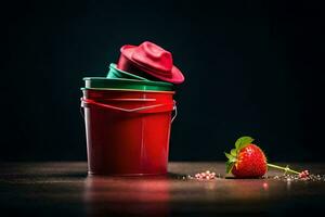 a red bucket with a strawberry on top. AI-Generated photo