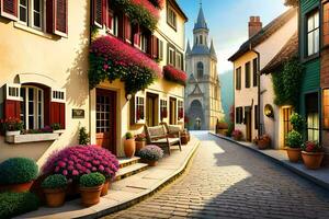a street in a small town with flowers and potted plants. AI-Generated photo