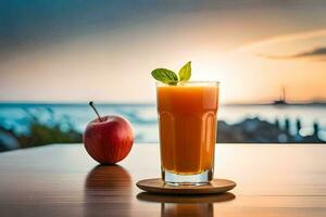 un vaso de jugo con un manzana en un mesa. generado por ai foto