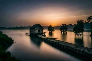 a long exposure photograph of a dock and a house on the water. AI-Generated photo