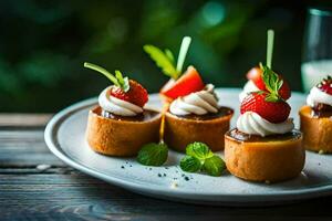 small cakes with strawberries and cream on a plate. AI-Generated photo