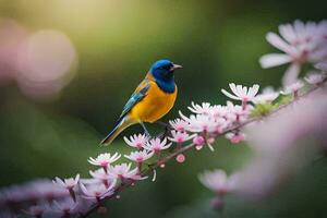 un azul y naranja pájaro es encaramado en un rama de rosado flores generado por ai foto