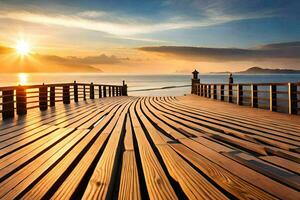 a wooden pier with the sun setting over the ocean. AI-Generated photo