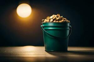a bucket filled with gold coins on a table. AI-Generated photo