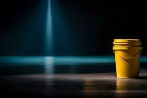 a yellow bucket on a dark floor with a spotlight. AI-Generated photo