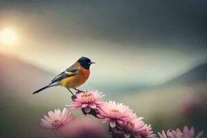 a bird is perched on top of some pink flowers. AI-Generated photo