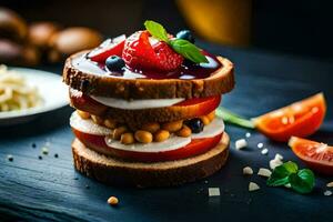 a sandwich with berries and cheese on it. AI-Generated photo