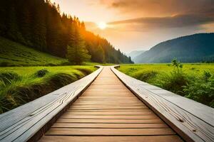 a wooden path leads to a green field and mountains. AI-Generated photo