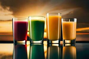 four glasses of juice with the sun setting behind them. AI-Generated photo