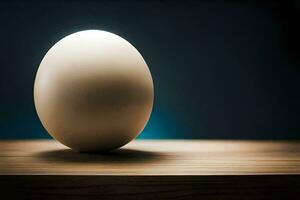 un huevo sentado en un mesa en frente de un oscuro antecedentes. generado por ai foto