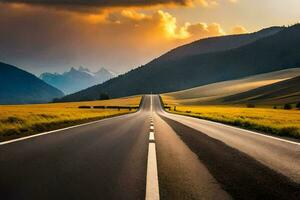 un largo vacío la carretera en el medio de un campo. generado por ai foto