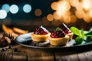 three mini cupcakes on a plate with a wooden background. AI-Generated photo