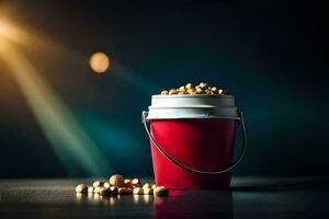 a red bucket filled with peanuts on a dark table. AI-Generated photo