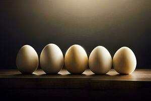 five eggs are lined up in a row. AI-Generated photo