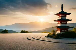 a pagoda sits on top of a mountain with the sun setting behind it. AI-Generated photo