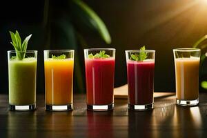 five different types of juices in glasses. AI-Generated photo