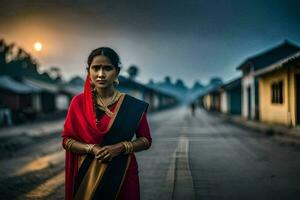 a woman in a red sari stands in the middle of a street. AI-Generated photo