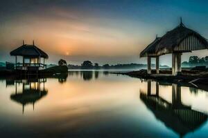 a lake with a hut and a boat in the background. AI-Generated photo
