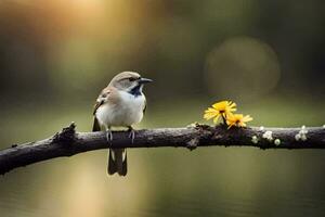 a bird sits on a branch near a lake. AI-Generated photo