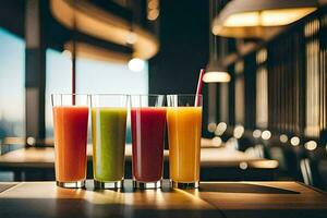 four glasses of juice on a table. AI-Generated photo