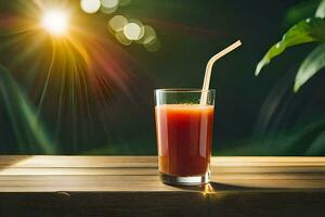 a glass of juice on a wooden table. AI-Generated photo