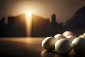 huevos en frente de un ciudad horizonte con un Dom en el antecedentes. generado por ai foto