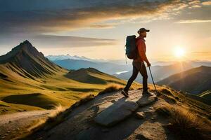 un hombre con mochila y trekking polos en pie en un montaña cima. generado por ai foto