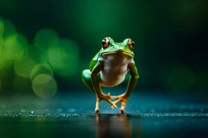 a frog standing on its hind legs on a dark background. AI-Generated photo